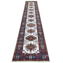 Load image into Gallery viewer, 2&#39;7&quot;x12&#39;10&quot; Porcelain Ivory, Hand Knotted, Multiple Border, Afghan Super Kazak with Tribal Medallions Design, Runner Oriental Rug FWR448872