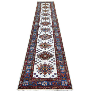2'7"x12'10" Porcelain Ivory, Hand Knotted, Multiple Border, Afghan Super Kazak with Tribal Medallions Design, Runner Oriental Rug FWR448872