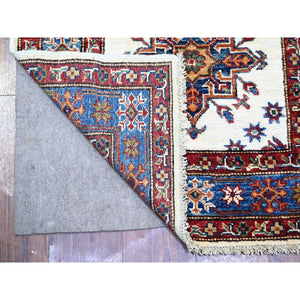 2'7"x12'10" Porcelain Ivory, Hand Knotted, Multiple Border, Afghan Super Kazak with Tribal Medallions Design, Runner Oriental Rug FWR448872