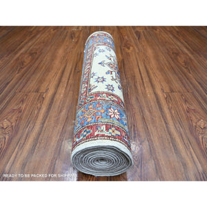 2'7"x12'10" Porcelain Ivory, Hand Knotted, Multiple Border, Afghan Super Kazak with Tribal Medallions Design, Runner Oriental Rug FWR448872