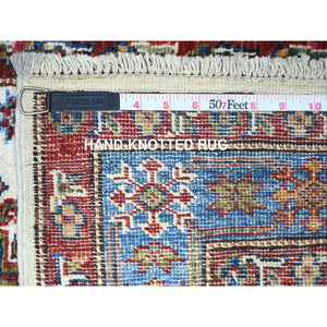 2'7"x12'10" Porcelain Ivory, Hand Knotted, Multiple Border, Afghan Super Kazak with Tribal Medallions Design, Runner Oriental Rug FWR448872