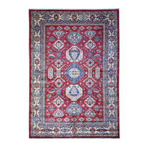 6'9"x9'9" Rufous Red, Vegetable Dyes, 100% Wool, Afghan Super Kazak with Geometric Elements, Hand Knotted, Oriental Rug FWR448956