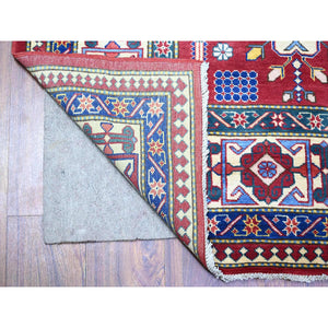 6'4"x9'4" Vermilion Red, Caucasian Design, Vegetable Dyes, 100% Wool, Afghan Super Kazak With Shirvan Repetitive Geometrical Rosette, Hand Knotted, Oriental Rug FWR449004