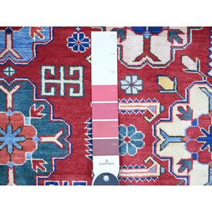6'4"x9'4" Vermilion Red, Caucasian Design, Vegetable Dyes, 100% Wool, Afghan Super Kazak With Shirvan Repetitive Geometrical Rosette, Hand Knotted, Oriental Rug FWR449004