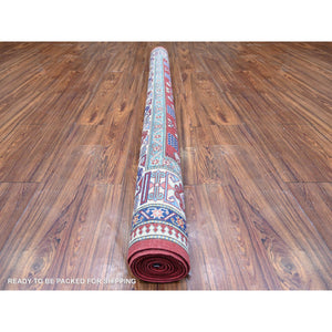 6'4"x9'4" Vermilion Red, Caucasian Design, Vegetable Dyes, 100% Wool, Afghan Super Kazak With Shirvan Repetitive Geometrical Rosette, Hand Knotted, Oriental Rug FWR449004
