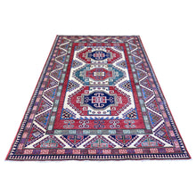 Load image into Gallery viewer, 5&#39;9&quot;x8&#39; Delicate White, Afghan Super Kazak Bordjalou Design, Vegetable Dyes, 100% Wool, Hand Knotted, Oriental Rug FWR449034