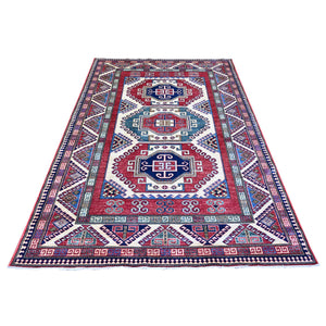 5'9"x8' Delicate White, Afghan Super Kazak Bordjalou Design, Vegetable Dyes, 100% Wool, Hand Knotted, Oriental Rug FWR449034