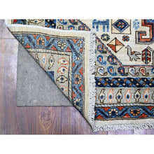 Load image into Gallery viewer, 4&#39;2&quot;x11&#39;4&quot; Silky White And Mindful Gray Border, Natural Dyes Afghan Aryana Collection With Small Animal Figurines, Pure Wool, Hand Knotted Shiraz Reimagined Geometric Serrated Medallions, Wide Runner Oriental Rug FWR449070