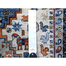 Load image into Gallery viewer, 4&#39;2&quot;x11&#39;4&quot; Silky White And Mindful Gray Border, Natural Dyes Afghan Aryana Collection With Small Animal Figurines, Pure Wool, Hand Knotted Shiraz Reimagined Geometric Serrated Medallions, Wide Runner Oriental Rug FWR449070
