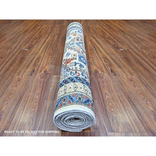 Load image into Gallery viewer, 4&#39;2&quot;x11&#39;4&quot; Silky White And Mindful Gray Border, Natural Dyes Afghan Aryana Collection With Small Animal Figurines, Pure Wool, Hand Knotted Shiraz Reimagined Geometric Serrated Medallions, Wide Runner Oriental Rug FWR449070