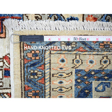 Load image into Gallery viewer, 4&#39;2&quot;x11&#39;4&quot; Silky White And Mindful Gray Border, Natural Dyes Afghan Aryana Collection With Small Animal Figurines, Pure Wool, Hand Knotted Shiraz Reimagined Geometric Serrated Medallions, Wide Runner Oriental Rug FWR449070