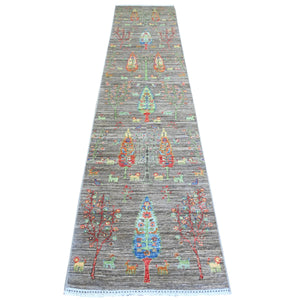 2'5"x11'2" Echo Gray, Borderless, Folk Art Willow And Cypress Tree Design Peshawar, Natural Wool, Hand Knotted, Runner Oriental Rug FWR449112