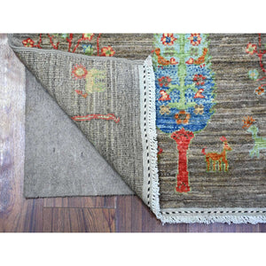 2'5"x11'2" Echo Gray, Borderless, Folk Art Willow And Cypress Tree Design Peshawar, Natural Wool, Hand Knotted, Runner Oriental Rug FWR449112