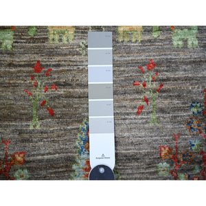 2'5"x11'2" Echo Gray, Borderless, Folk Art Willow And Cypress Tree Design Peshawar, Natural Wool, Hand Knotted, Runner Oriental Rug FWR449112