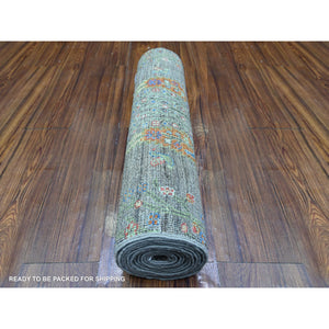 2'5"x11'2" Echo Gray, Borderless, Folk Art Willow And Cypress Tree Design Peshawar, Natural Wool, Hand Knotted, Runner Oriental Rug FWR449112