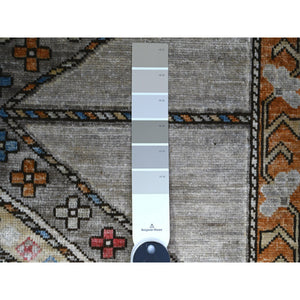 4'2"x9'9" Cloud Gray, Hand Knotted, Vegetable Dyes, Afghan Ersari With Tribal Symbols,  Pure Wool, Densely Woven, Wide Runner Oriental Rug FWR449142