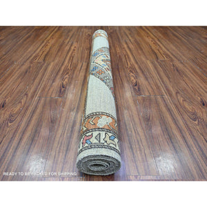 4'2"x9'9" Cloud Gray, Hand Knotted, Vegetable Dyes, Afghan Ersari With Tribal Symbols,  Pure Wool, Densely Woven, Wide Runner Oriental Rug FWR449142