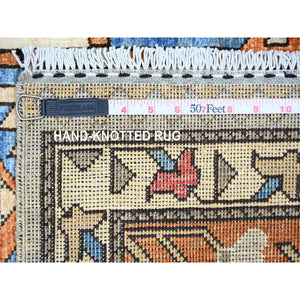 4'2"x9'9" Cloud Gray, Hand Knotted, Vegetable Dyes, Afghan Ersari With Tribal Symbols,  Pure Wool, Densely Woven, Wide Runner Oriental Rug FWR449142