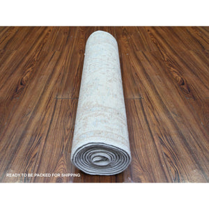 2'4"x10'2" Ceramic Ivory, Densely Woven, Vegetable Dyes, Washed Out Peshawar With Faded Out, Natural Wool, Hand Knotted, Runner Oriental Rug FWR449244