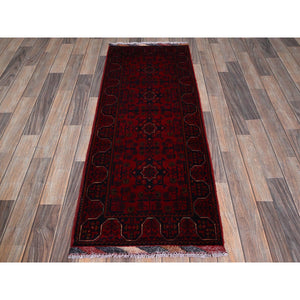 1'10"x5' Carmine Red, Afghan Khamyab with Geometric Pattern, Hand Knotted, Soft and Velvety Wool, Vegetable Dyes, Short & Narrow Runner, Oriental Rug FWR4488