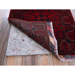1'10"x5' Carmine Red, Afghan Khamyab with Geometric Pattern, Hand Knotted, Soft and Velvety Wool, Vegetable Dyes, Short & Narrow Runner, Oriental Rug FWR4488