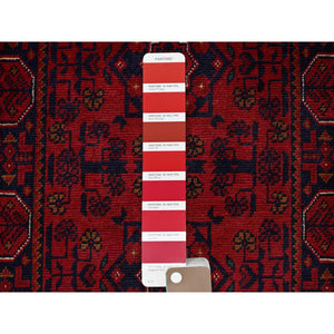 1'10"x5' Carmine Red, Afghan Khamyab with Geometric Pattern, Hand Knotted, Soft and Velvety Wool, Vegetable Dyes, Short & Narrow Runner, Oriental Rug FWR4488