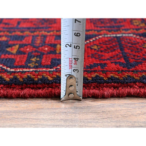 1'10"x5' Carmine Red, Afghan Khamyab with Geometric Pattern, Hand Knotted, Soft and Velvety Wool, Vegetable Dyes, Short & Narrow Runner, Oriental Rug FWR4488