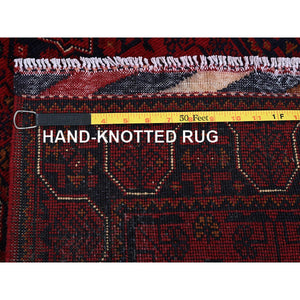 1'10"x5' Carmine Red, Afghan Khamyab with Geometric Pattern, Hand Knotted, Soft and Velvety Wool, Vegetable Dyes, Short & Narrow Runner, Oriental Rug FWR4488