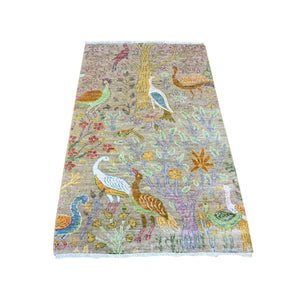 3'1"x5'1" Smoke Gray, Birds of Paradise Afghan Peshawar Design, Natural Dyes, Natural Wool, Hand Knotted, Oriental Rug FWR449460