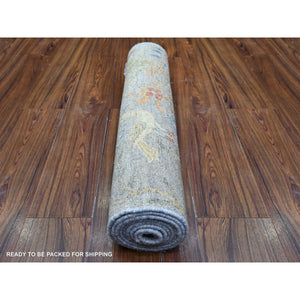 2'7"x8'3" Blue Gray, 100% Wool, Hand Knotted, Birds Of Paradise Afghan Peshawar Design, Vegetable Dyes, Round Oriental Rug S74915
