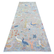 Load image into Gallery viewer, 4&#39;1&quot;x11&#39;10&quot; Cloud Gray, Natural Dyes, Afghan Peshawar with Birds of Paradise Design, Natural Wool, Hand Knotted, Wide Runner Oriental Rug FWR449520