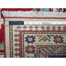 Load image into Gallery viewer, 6&#39;9&quot;x9&#39;4&quot; Feather White With Cobalt Blue, Natural Dyes, Hand Knotted, Afghan Super Kazak With Tribal Medallion Design, Pure Wool, Oriental Rug FWR449532