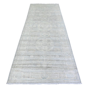 3'9"x9'9" Cadet Gray, Washed Out Peshawar with Faded Colors, 100% Wool, Hand Knotted, Natural Dyes, Wide Runner Oriental Rug FWR449700