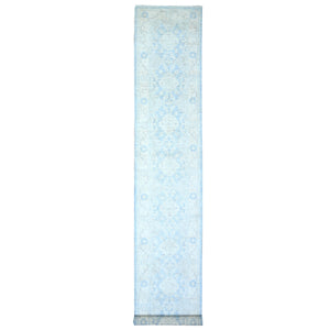 2'8"x16'2" Carolina Blue, Organic Wool Hand Knotted, Vegetable Dyes Finer Peshawar with Faded Colors, XL Runner Oriental Rug FWR449724