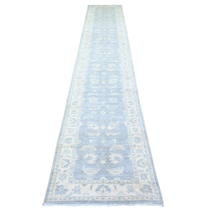 2'6"x14'8" Glaucous Gray and Spring Ivory, Natural Dyes, Natural Wool, Hand Knotted, Finer Peshawar with All Over Pattern, XL Runner Oriental Rug FWR449736