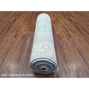 2'6"x14'8" Glaucous Gray and Spring Ivory, Natural Dyes, Natural Wool, Hand Knotted, Finer Peshawar with All Over Pattern, XL Runner Oriental Rug FWR449736