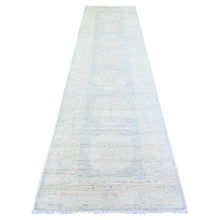 Load image into Gallery viewer, 3&#39;1&quot;x12&#39; Blue Gray and White Dove, Vegetable Dyes, White Wash Peshawar with Faded Out , Shiny Wool, Hand Knotted, Runner Oriental Rug FWR449766