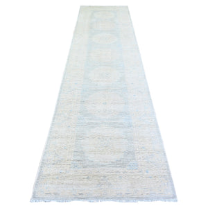 3'1"x12' Blue Gray and White Dove, Vegetable Dyes, White Wash Peshawar with Faded Out , Shiny Wool, Hand Knotted, Runner Oriental Rug FWR449766