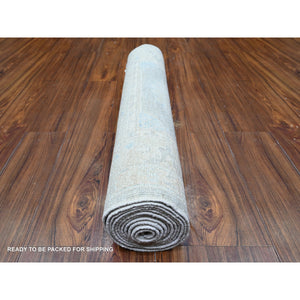 3'1"x12' Blue Gray and White Dove, Vegetable Dyes, White Wash Peshawar with Faded Out , Shiny Wool, Hand Knotted, Runner Oriental Rug FWR449766