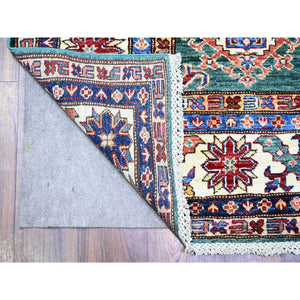 6'x8'9" Myrtle Green, 100% Wool, Vegetable Dyes, Afghan Super Kazak With All Over Medallions, Hand Knotted, Oriental Rug FWR449868