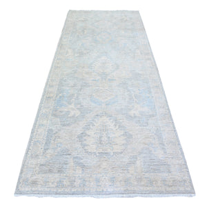 4'x9'9" Cloud Gray, Hand Knotted, Washed Out Peshawar with Faded Designs, Vegetable Dyes, Organic and Soft Wool, Wide Runner Oriental Rug FWR449898