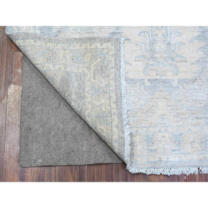 4'x9'9" Cloud Gray, Hand Knotted, Washed Out Peshawar with Faded Designs, Vegetable Dyes, Organic and Soft Wool, Wide Runner Oriental Rug FWR449898