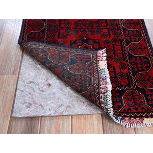 1'10"x4'10" Crimson Red, Afghan Khamyab with Geometric Pattern, Hand Knotted, Soft and Velvety Wool, Vegetable Dyes, Short and Narrow Runner, Oriental Rug FWR4494