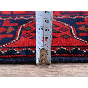 1'10"x4'10" Crimson Red, Afghan Khamyab with Geometric Pattern, Hand Knotted, Soft and Velvety Wool, Vegetable Dyes, Short and Narrow Runner, Oriental Rug FWR4494