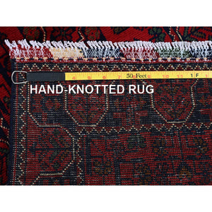 1'10"x4'10" Crimson Red, Afghan Khamyab with Geometric Pattern, Hand Knotted, Soft and Velvety Wool, Vegetable Dyes, Short and Narrow Runner, Oriental Rug FWR4494