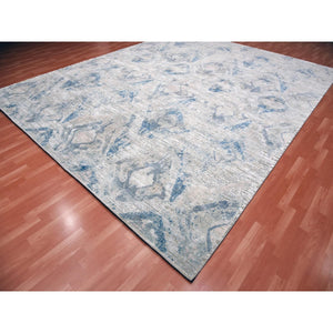 12'1"x15'2" Hand Knotted Ivory Large Elements With Pastels Modern Silk With Textured Wool Oversized Oriental Rug FWR450072