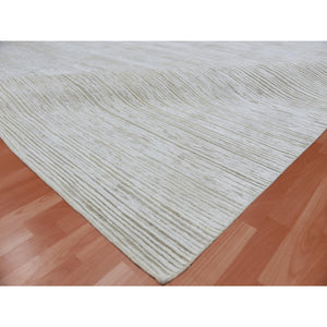 11'10"x11'10" Hand Knotted Ivory Silk with Textured Wool Tone on Tone Striae Design Hi-Low Pile Oriental Square Rug FWR450096