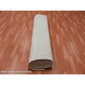 11'10"x11'10" Hand Knotted Ivory Silk with Textured Wool Tone on Tone Striae Design Hi-Low Pile Oriental Square Rug FWR450096