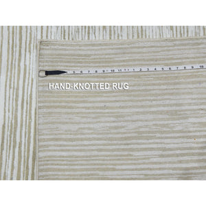 11'10"x11'10" Hand Knotted Ivory Silk with Textured Wool Tone on Tone Striae Design Hi-Low Pile Oriental Square Rug FWR450096