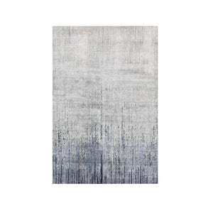 4'x6' Hand Knotted Gray Vertical Ombre Design Pure Silk with Textured Wool Oriental Rug FWR450168